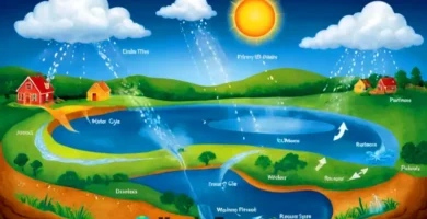 Ilustración colorida del ciclo del agua con fases etiquetadas: evaporación