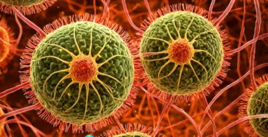 Vista microscópica de cilios y flagelos en un fondo abstracto colorido que resalta su estructura y función en biología celular