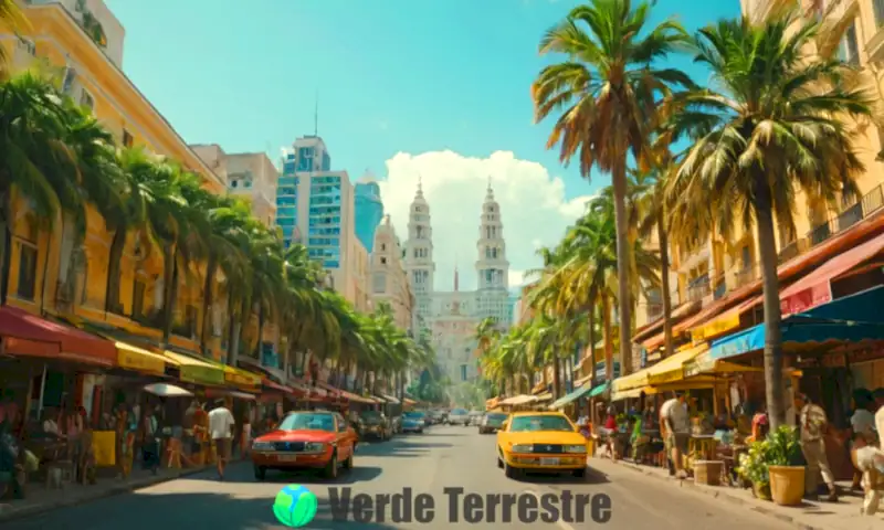 Paisaje tropical vibrante con ciudades calurosas, palmeras y playas concurridas bajo un sol radiante