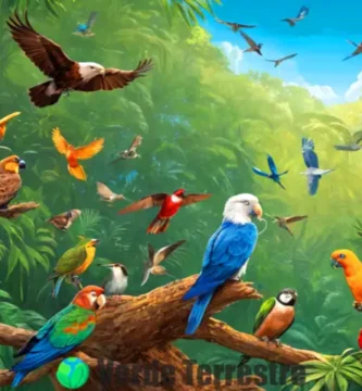 Ilustración de diversas especies de aves en un bosque