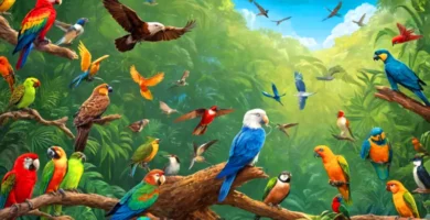Ilustración de diversas especies de aves en un bosque