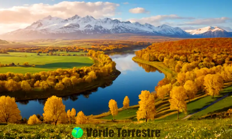 Ilustración realista de un paisaje de clima continental con invierno nevado, verano verde y otoño colorido, junto a fauna local y un cielo dramático