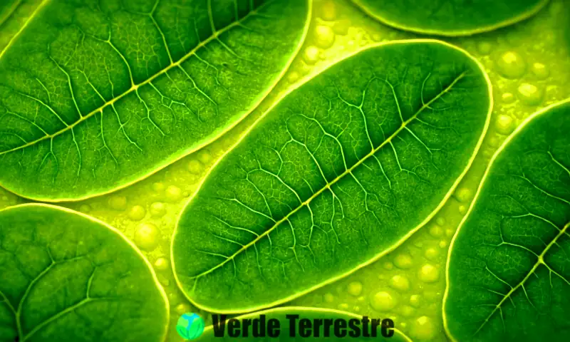 Estructura de cloroplastos con membranas internas y tilacoides, rodeados de células vegetales verdes, iluminados por rayos de luz en un entorno natural