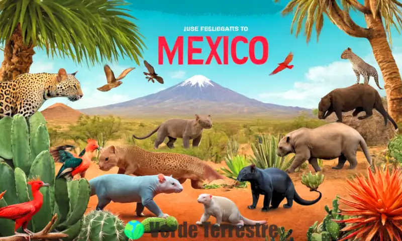 Collage colorido de 25 animales en peligro de extinción de México, como el Axolotl y el Jaguar, en un paisaje vibrante que resalta la biodiversidad y la conservación