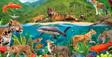 Collage colorido de 25 animales en peligro de extinción de México