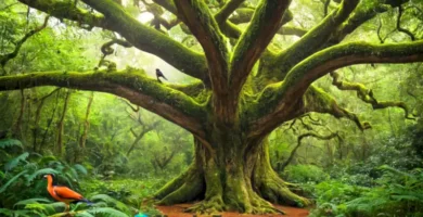 Ilustración de un bosque verde con un árbol grande