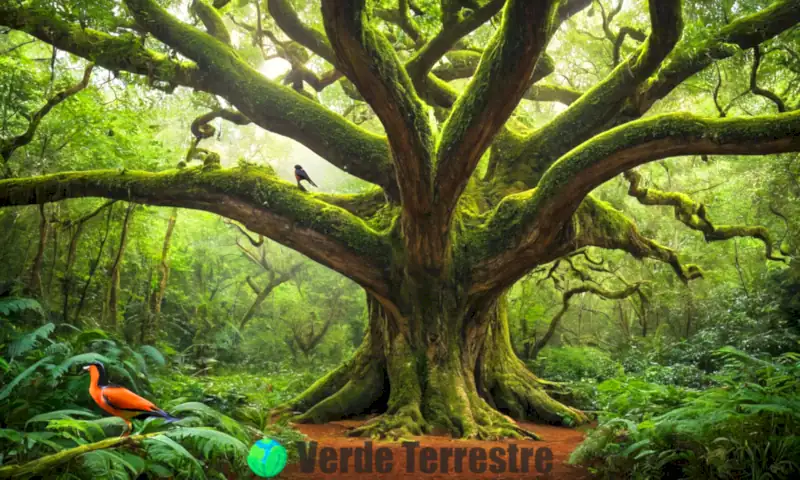 Ilustración de un bosque verde con un árbol grande