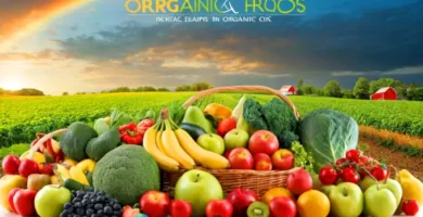 Imagen dividida que muestra frutas y verduras orgánicas vibrantes en un campo verde