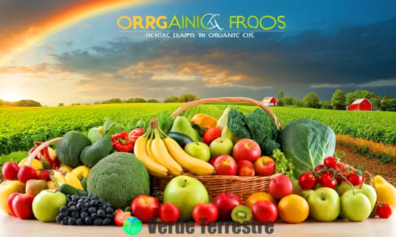 Imagen dividida que muestra frutas y verduras orgánicas vibrantes en un campo verde