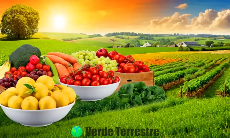Ilustración que contrasta alimentos orgánicos frescos en un entorno agrícola y alimentos inorgánicos procesados en un ambiente industrial
