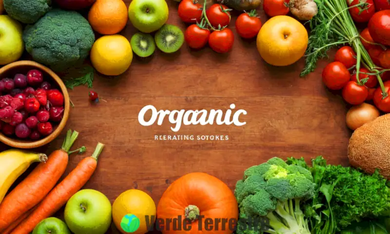 Imagen de una colorida exhibición de frutas y verduras orgánicas en un entorno soleado, contrastando con productos inorgánicos, rodeada de herramientas de granja y elementos de mercado agrícola