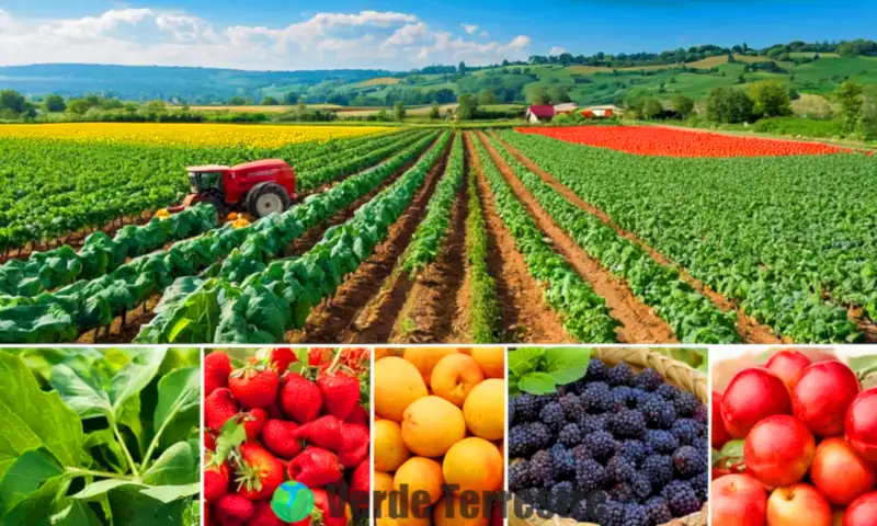 Imagen que muestra el contraste entre frutas y verduras orgánicas e inorgánicas, con un paisaje agrícola verde y un agricultor, enfatizando la producción sostenible