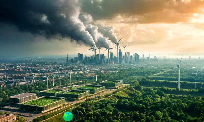 Escena dividida que muestra, a la izquierda, una ciudad contaminada con smog, y a la derecha, un paisaje verde vibrante con energía renovable y tecnología ecológica