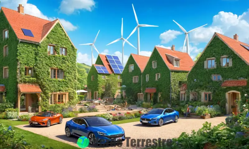 Ciudad sostenible con energía renovable, vehículos ecológicos y naturaleza integrada en un ambiente vibrante y armónico