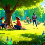 Grupo diverso de personas participando en actividades de conservación en un parque verde