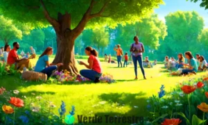 Grupo diverso de personas participando en actividades de conservación en un parque verde