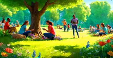 Grupo diverso de personas participando en actividades de conservación en un parque verde