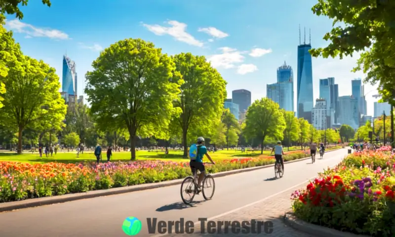 Paisaje urbano sereno con personas caminando y en bicicleta, parques verdes y un horizonte de ciudad, todo en un ambiente soleado y sostenible