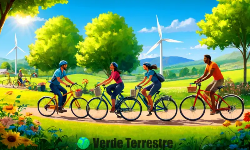 Grupo diverso de personas realizando acciones ambientales en un paisaje verde y soleado
