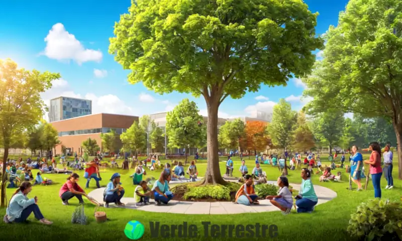 Grupo diverso de personas planta un árbol en un parque comunitario, rodeados de vegetación y pancartas sobre conciencia ambiental