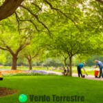 Grupo diverso de personas cuida un árbol en un entorno natural con flores