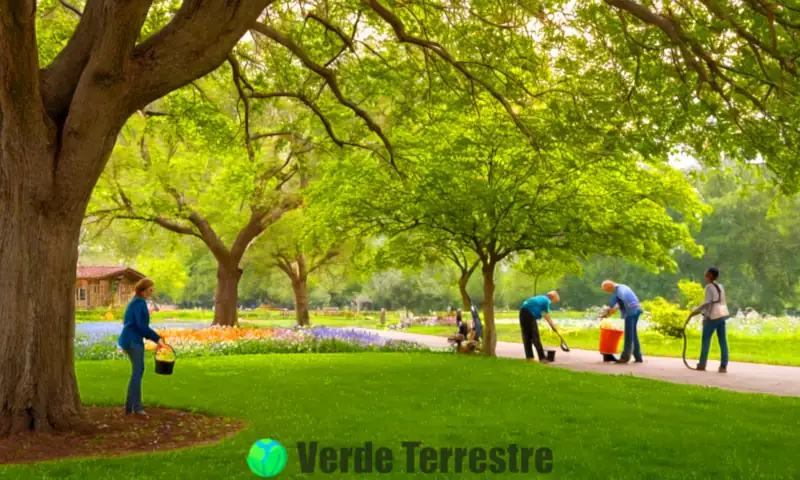 Grupo diverso de personas cuida un árbol en un entorno natural con flores