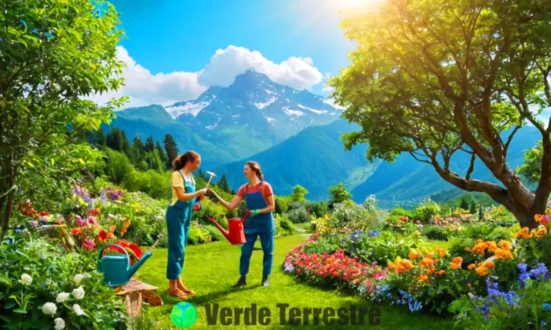 Persona cuidando un joven árbol en un entorno verde, rodeada de plantas y flores, bajo un cielo soleado