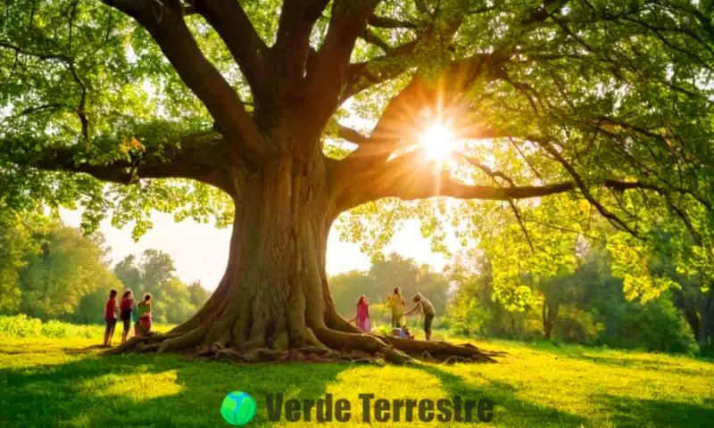 Un bosque sereno con un árbol majestuoso y personas plantando árboles, reflejando la armonía entre la naturaleza y la comunidad