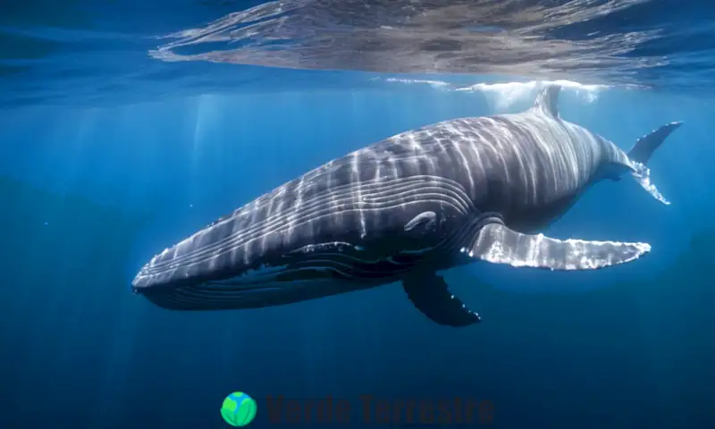 Ballena azul durmiendo pacíficamente en el océano, rodeada de peces y medusas, bajo suaves rayos de luz