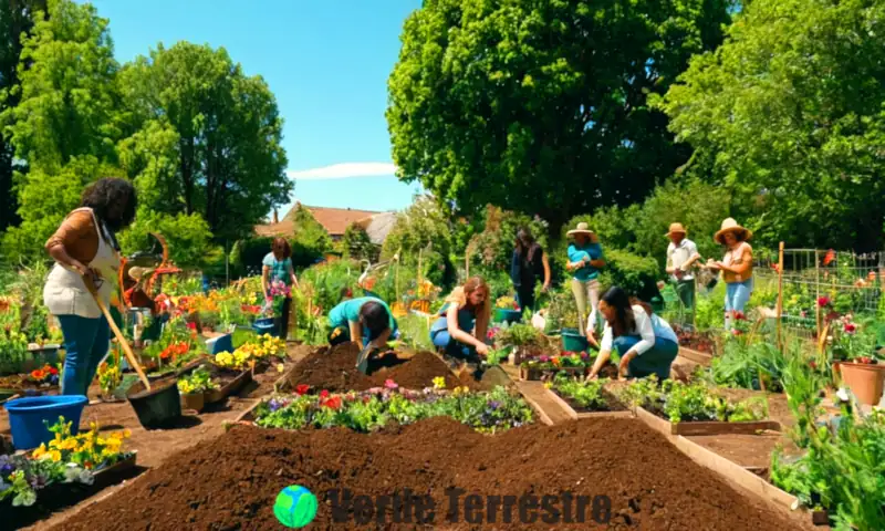 Personas plantando árboles y flores en un jardín comunitario, rodeados de vegetación, con herramientas ecológicas y un cielo azul, reflejando prácticas de sostenibilidad