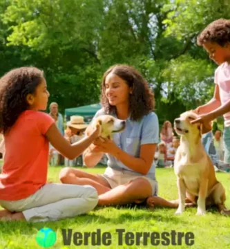 Grupo diverso de personas interactuando con animales rescatados en un parque soleado