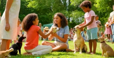 Grupo diverso de personas interactuando con animales rescatados en un parque soleado