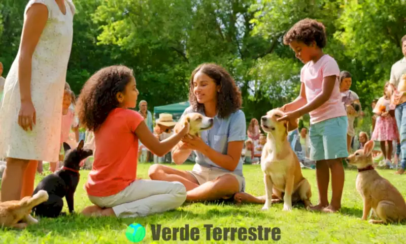 Grupo diverso de personas interactuando con animales rescatados en un parque soleado