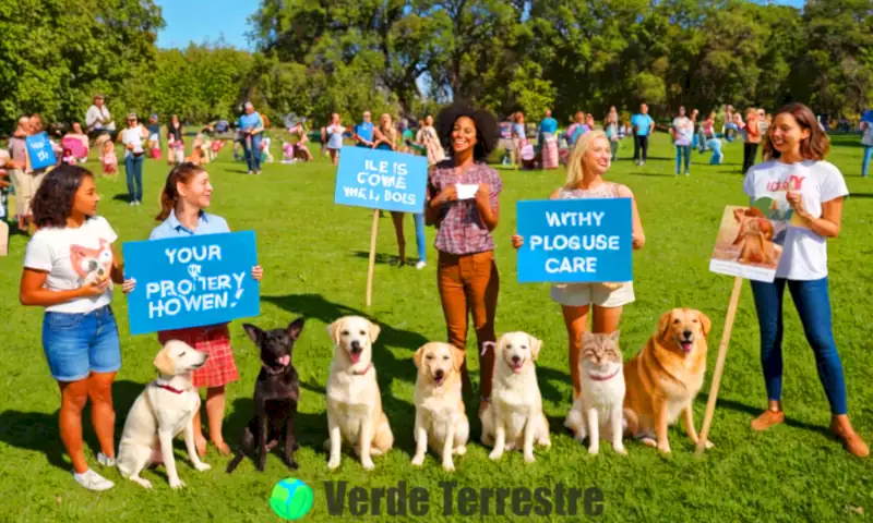 Grupo diverso de personas en un parque sosteniendo pancartas a favor del bienestar animal, rodeados de animales felices y un ambiente esperanzador