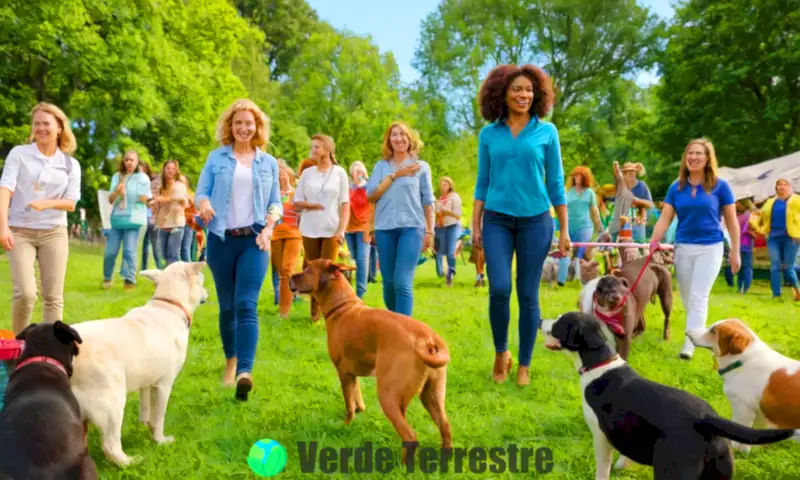 Grupo diverso de personas de todas las edades trabajando en la protección de animales en un parque, rodeados de animales felices