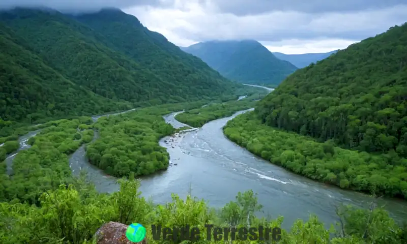 Escena educativa que muestra un río en un ecosistema exuberante con lluvia, sedimentos y biodiversidad