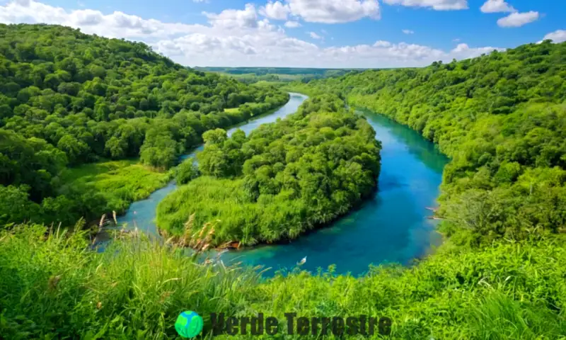 Río serpenteante con agua cristalina rodeado de vegetación exuberante y fauna diversa bajo un cielo azul