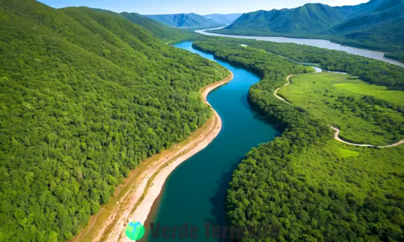 Ilustración educativa que muestra la formación de ríos en un ecosistema diverso con agua fluyendo entre paisajes verdes y fauna variada