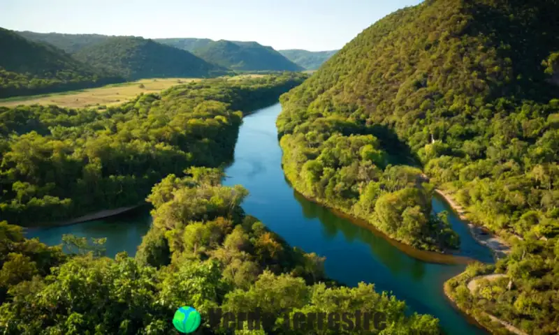 Río serpenteante en un paisaje exuberante, con vegetación diversa y fauna a la orilla bajo un cielo azul