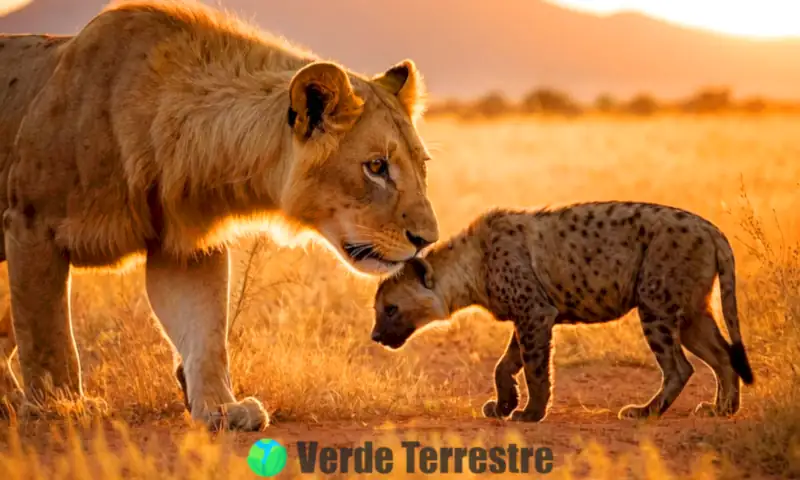 León y hiena compiten por comida en una savana al atardecer, rodeados de hierbas y acacias