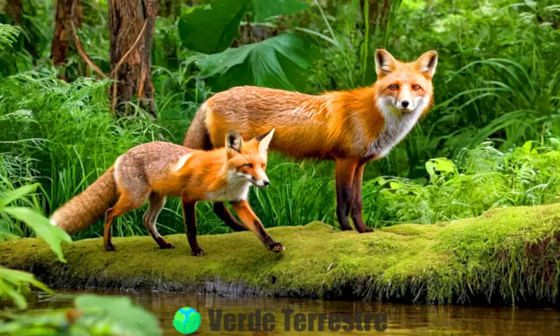 Un zorro rojo y un ciervo compiten por recursos cerca de una fuente de agua en un entorno verde y biodiverso