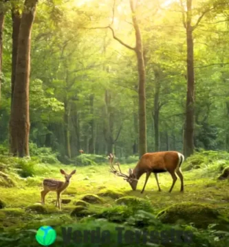 Animales compiten por recursos en un vibrante bosque