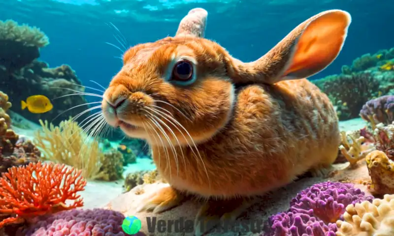 Primer plano de un conejo marino en un colorido fondo de arrecifes de coral