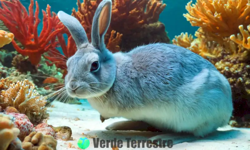 Conejo marino en un colorido arrecife de coral, con piel suave y ojos grandes, en un estilo que mezcla realismo y fantasía