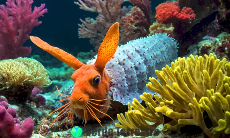 Conejo de mar vibrante rodeado de corales coloridos y peces en un ecosistema marino realista