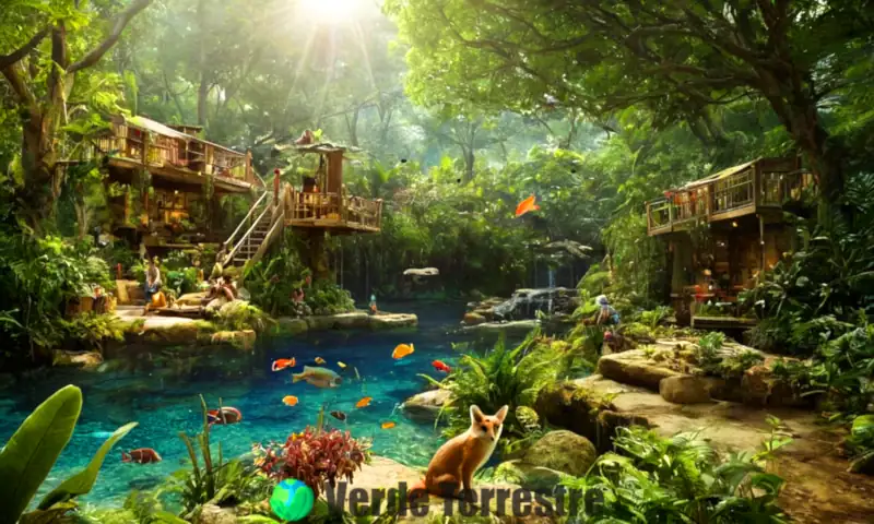 Imagen ilustrativa que muestra consumidores terciarios en un ecosistema, incluyendo lechuzas, zorros y peces grandes, en un entorno natural vibrante