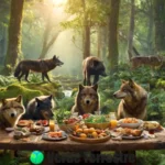 Ilustración de un ecosistema con depredadores grandes como lobos