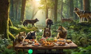 Ilustración de un ecosistema con depredadores grandes como lobos