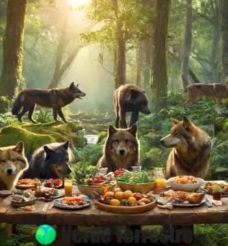 Ilustración de un ecosistema con depredadores grandes como lobos