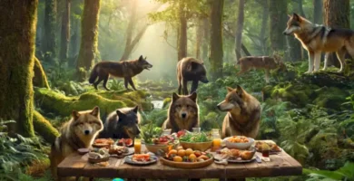 Ilustración de un ecosistema con depredadores grandes como lobos